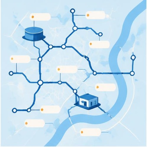 Illustration of a mapped pipe network with asset tags