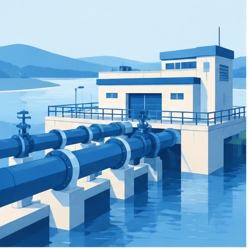 Illustration of water pipes and a pump station