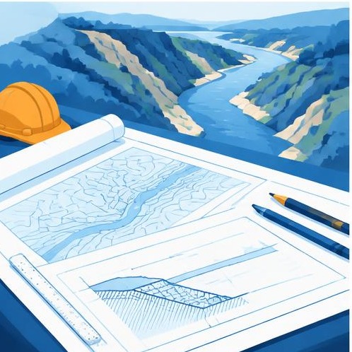 Illustration of engineering plans beside a river ravine