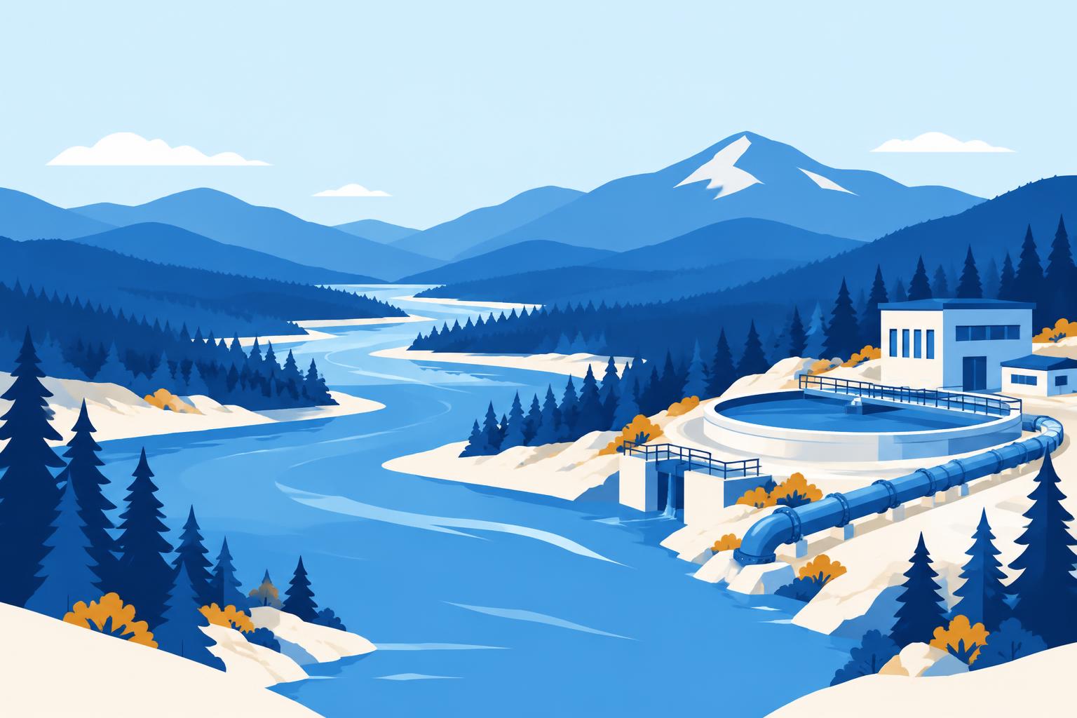 Illustration of a blue New Hampshire river valley, mountains, and a water treatment facility